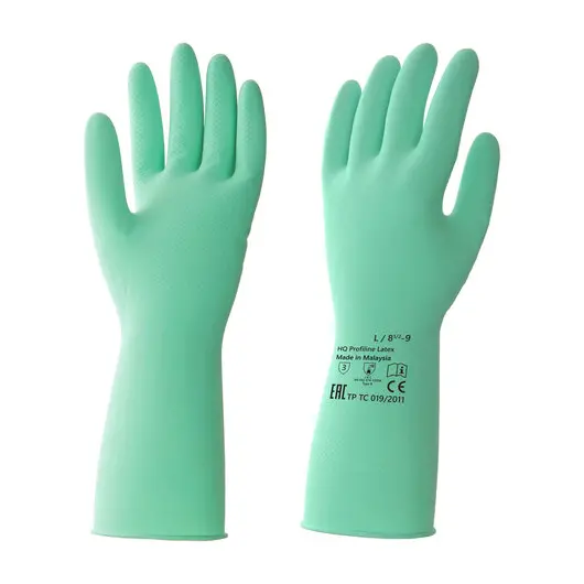Перчатки латексные КЩС, сверхпрочные, плотные, хлопковое напыление, размер 8,5-9 L, большой, зеленые, HQ Profiline, 73586, фото 9