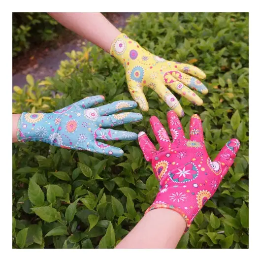 Перчатки полиэфирные САДОВЫЕ цветные, 1 пара, 15 класс, 33-35 г, размер 8, нитрильный латекс, сад, фото 4