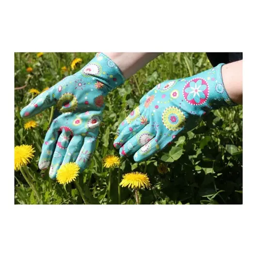 Перчатки полиэфирные САДОВЫЕ цветные, 1 пара, 15 класс, 33-35 г, размер 8, нитрильный латекс, сад, фото 5