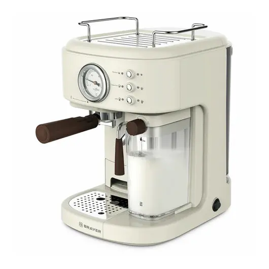 Кофеварка рожковая BRAYER BR1108, 1300 Вт, объем 1,5л, 15 бар, автоматический капучинатор, бежевая, фото 1